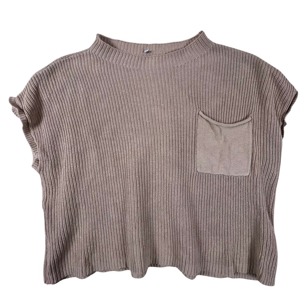 Rib Knit Sweater Tee Boxy Cropped Top Small Mock Neck Neutral Minimalist Beige